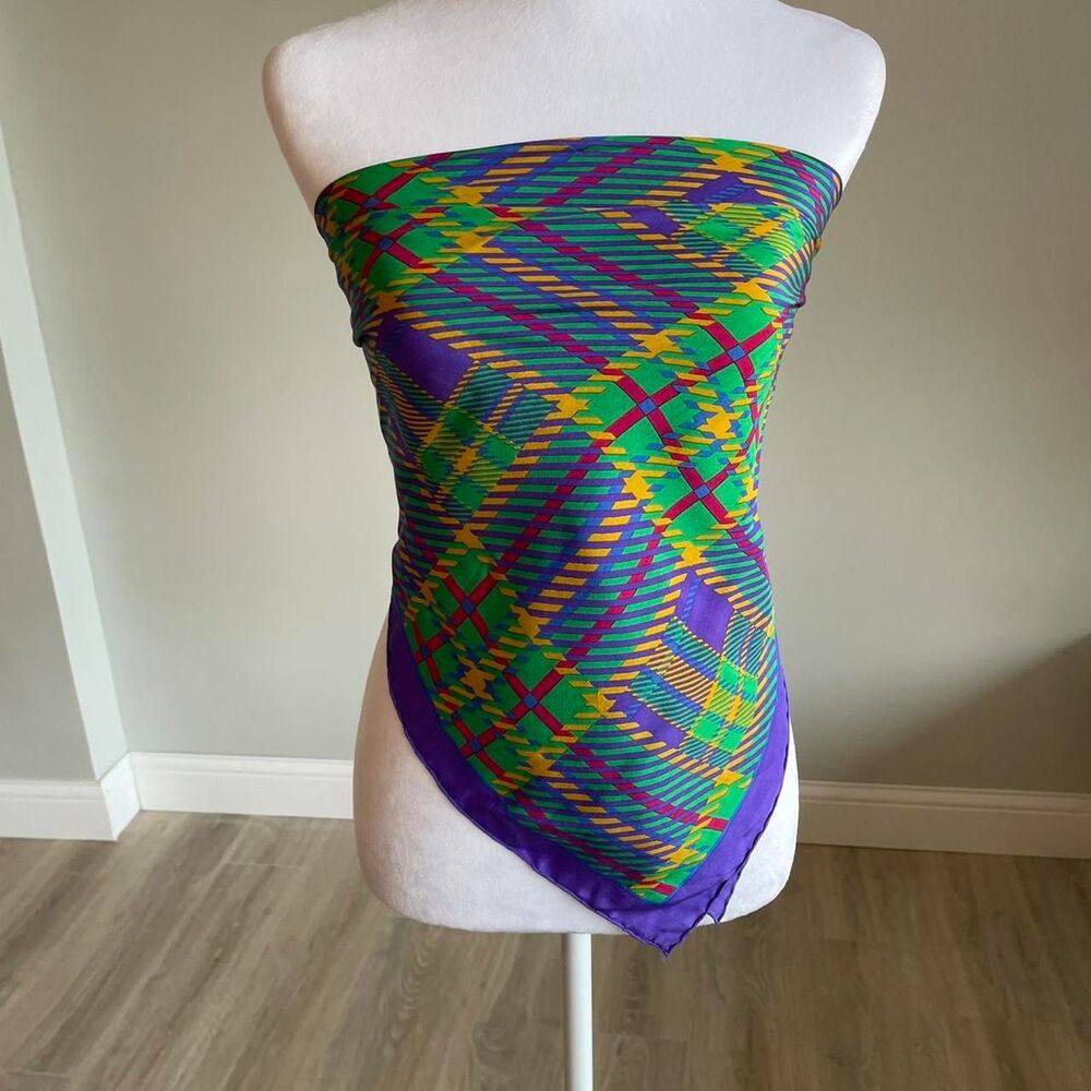 Vintage Women's Silky Scarf Purple & Green Plaid Wrap Preppy Chic Elevated 80's